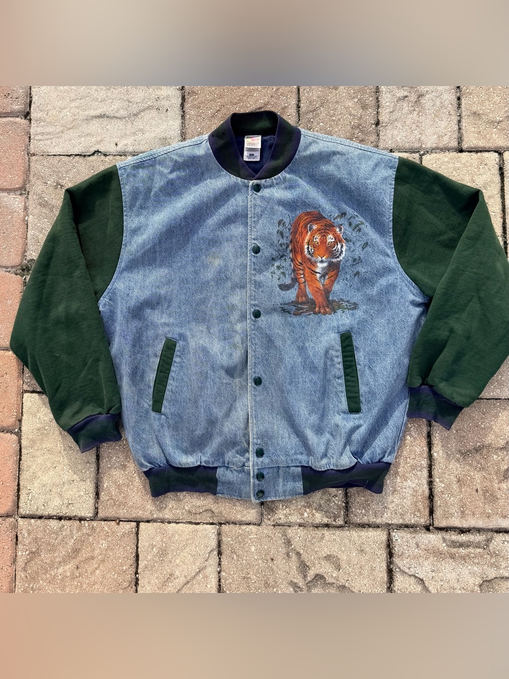 Vintage 90s Fruit of the Loom XL Tiger Graphic Denim Varsity Bomber Jacket